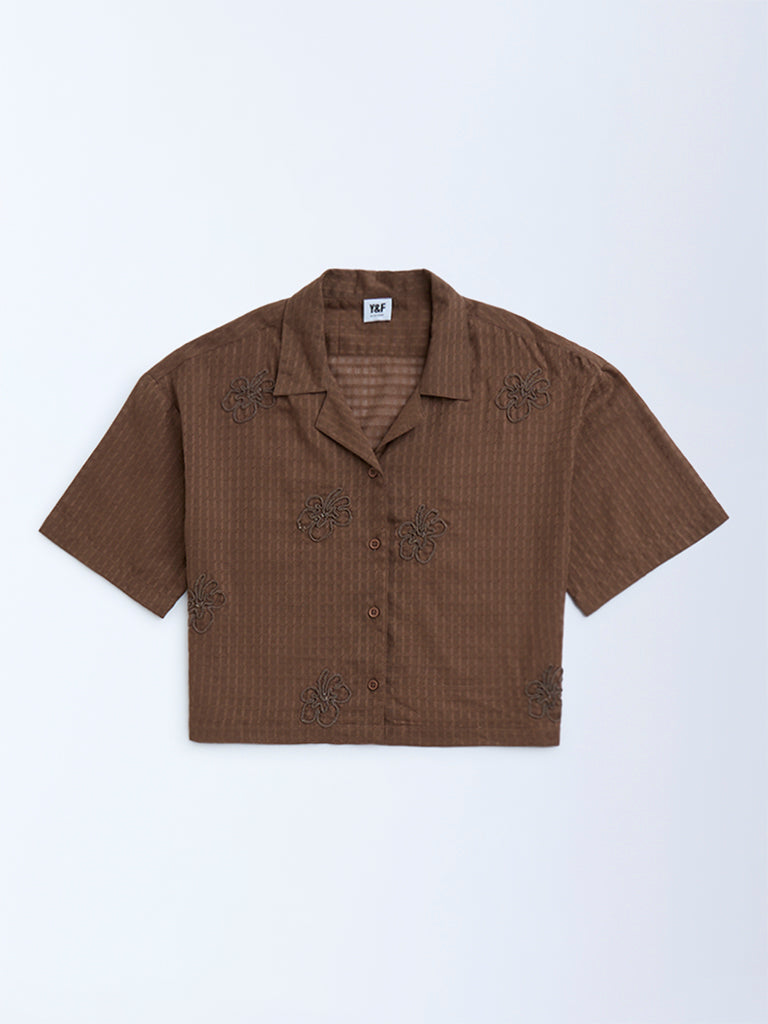 Y&F Kids Dark Brown Floral Embroidered Cotton Shirt