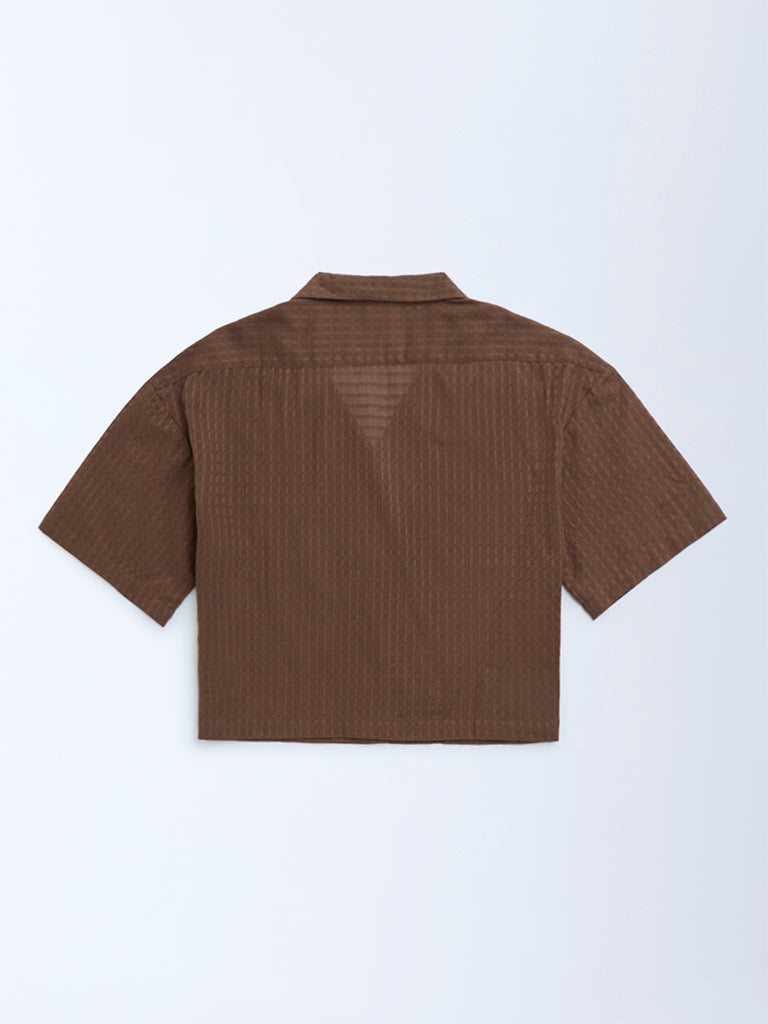 Y&F Kids Dark Brown Floral Embroidered Cotton Shirt