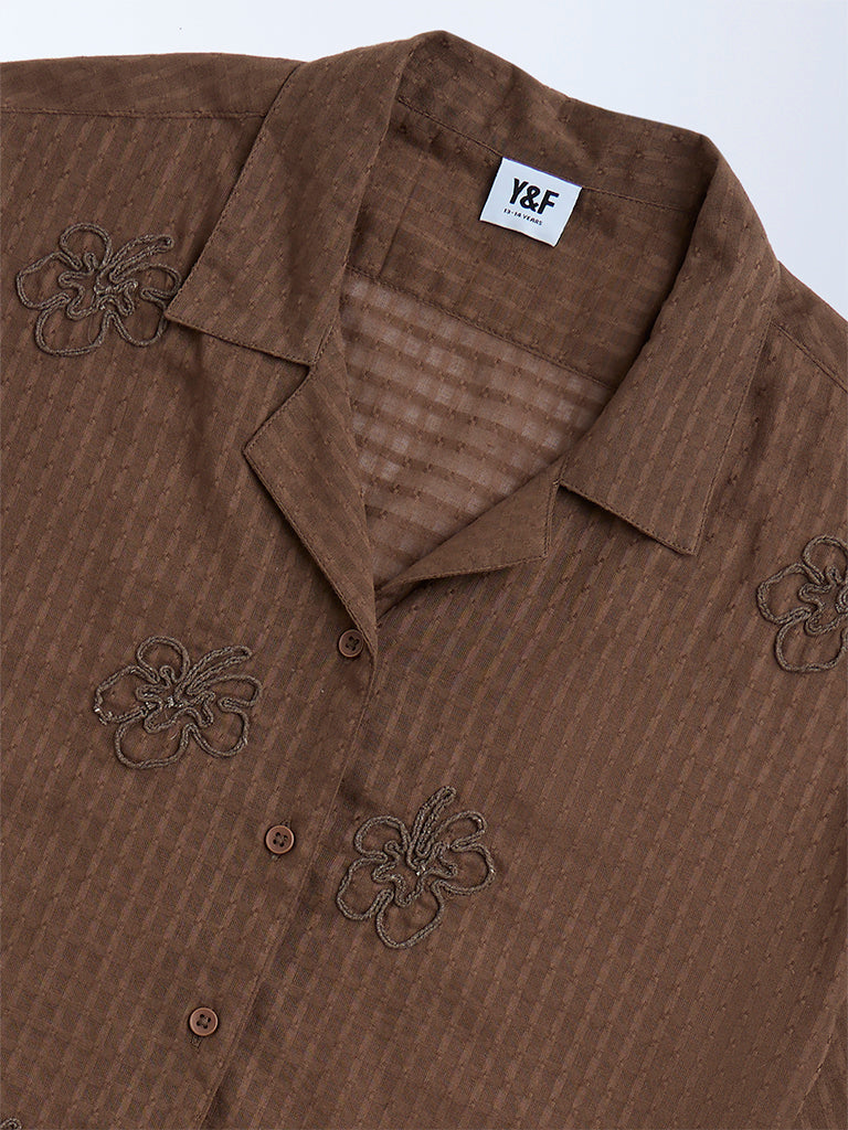 Y&F Kids Dark Brown Floral Embroidered Cotton Shirt