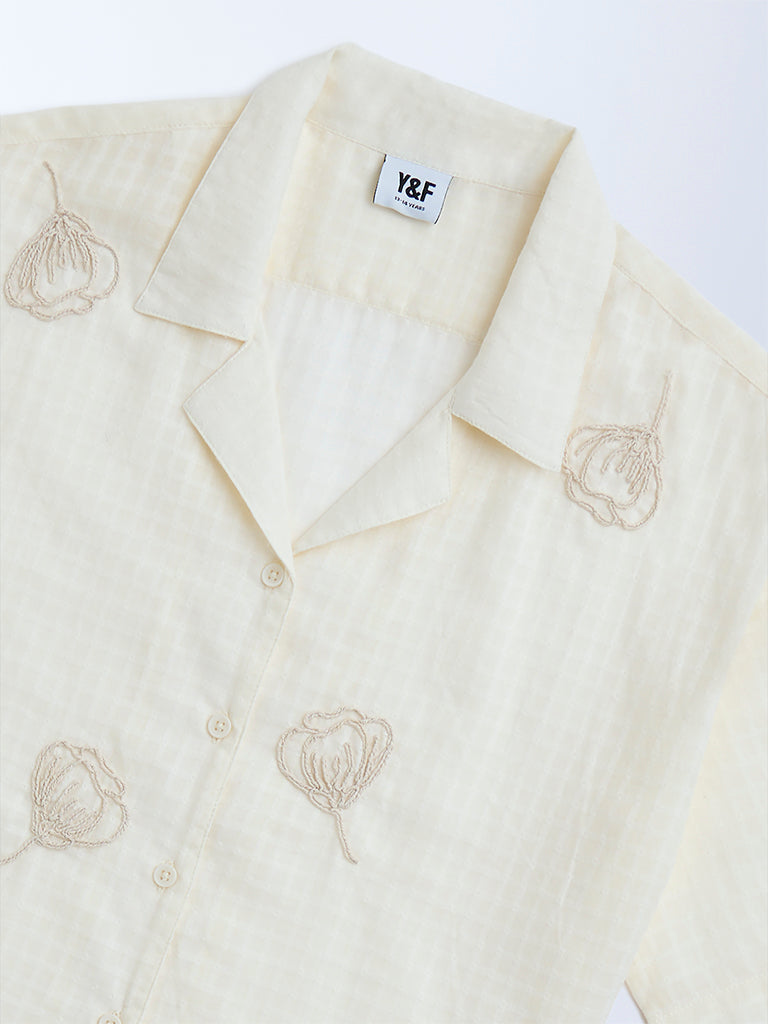 Y&F Kids Off-White Floral Embroidered Cotton Shirt