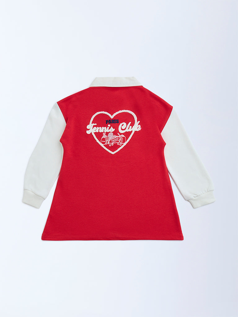 HOP Kids Red Embroidered Cotton-Blend T-Shirt Dress