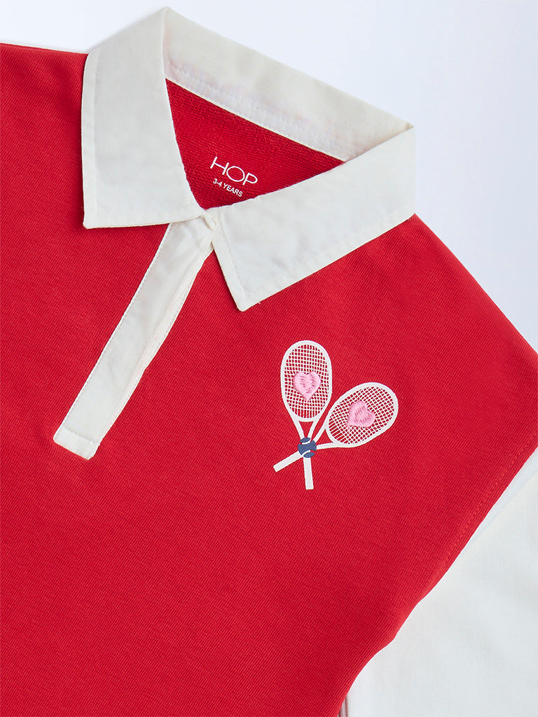 HOP Kids Red Embroidered Cotton-Blend T-Shirt Dress