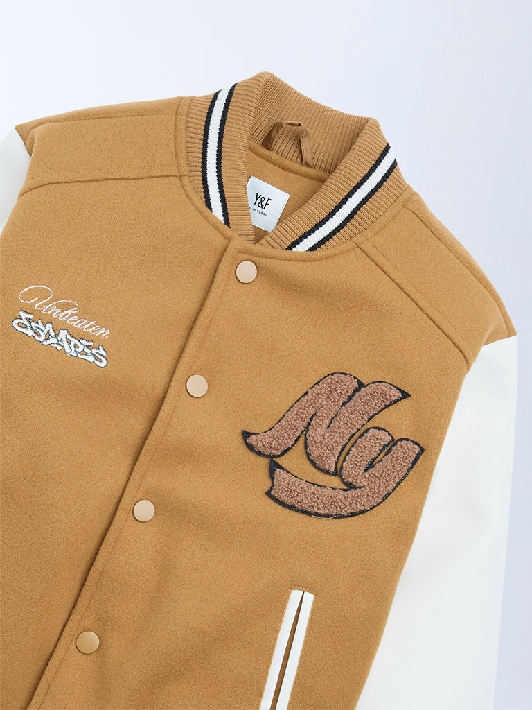 Y&F Kids Tan Text Design Varsity Jacket