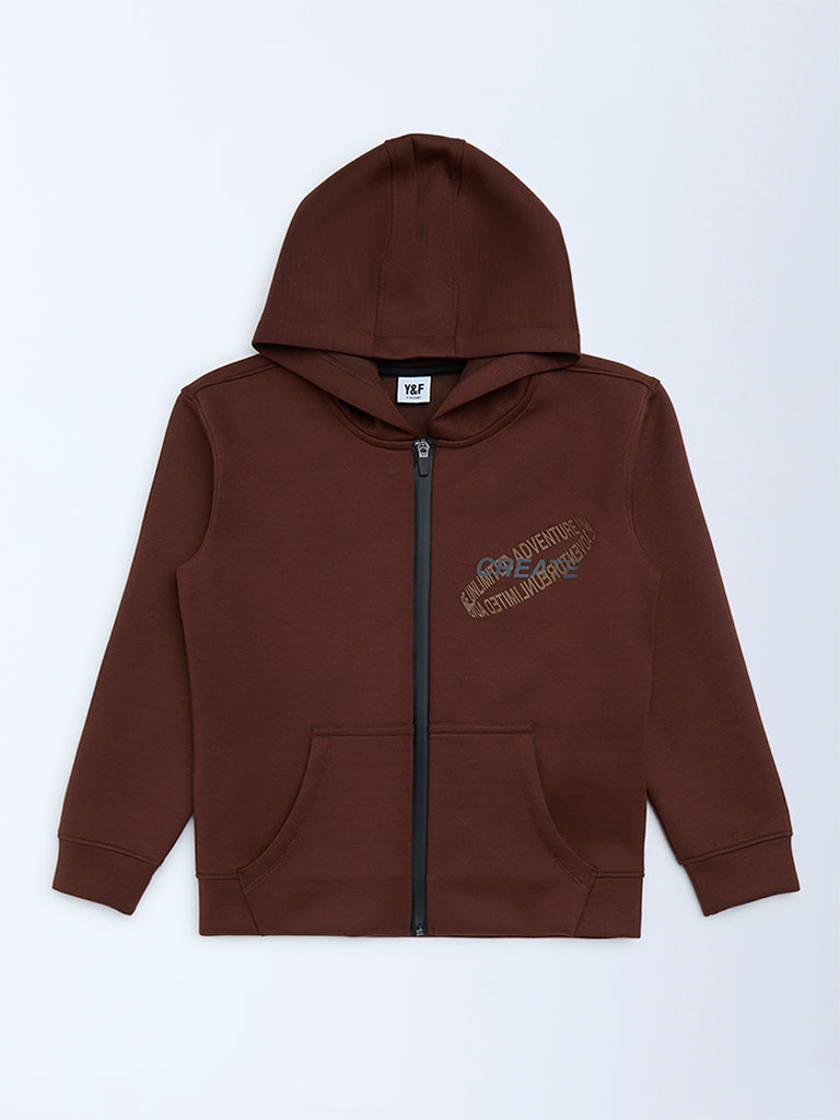 Y&F Kids Dark Brown Text Printed Hooded Jacket