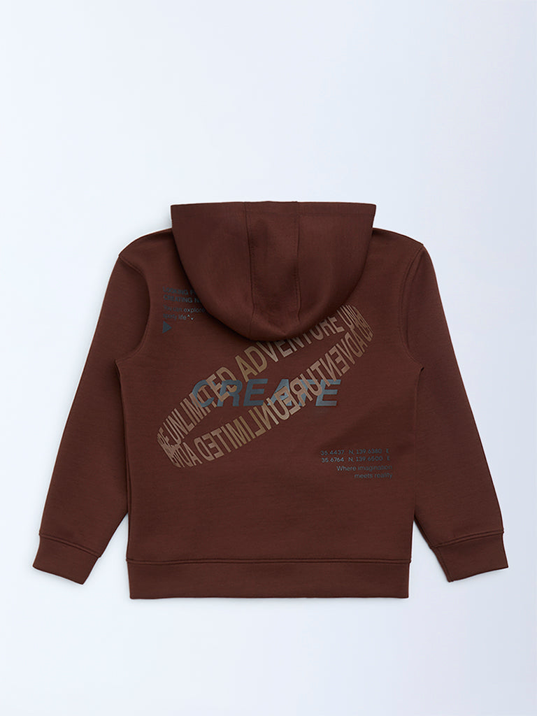 Y&F Kids Dark Brown Text Printed Hooded Jacket
