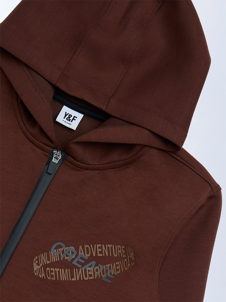 Y&F Kids Dark Brown Text Printed Hooded Jacket