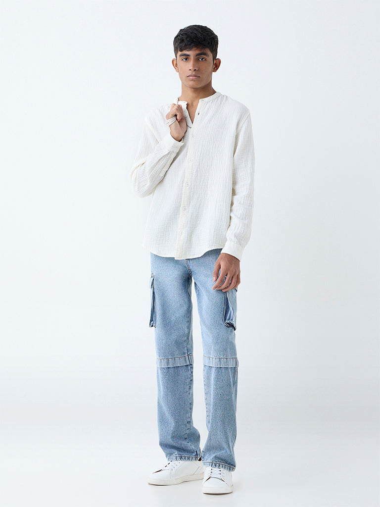 Y&F Kids Off-White Crinkle-Textured Resort-Fit Cotton Shirt