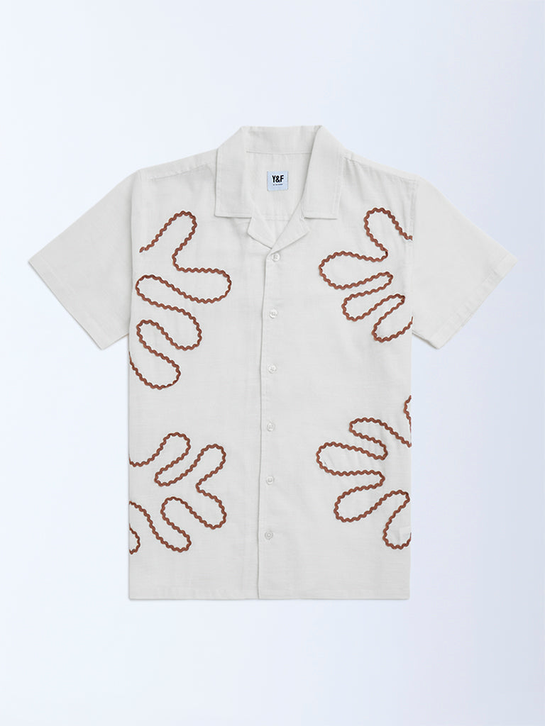 Y&F Kids Off-White Embroidered Resort-Fit Cotton Shirt