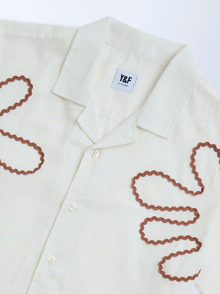 Y&F Kids Off-White Embroidered Resort-Fit Cotton Shirt