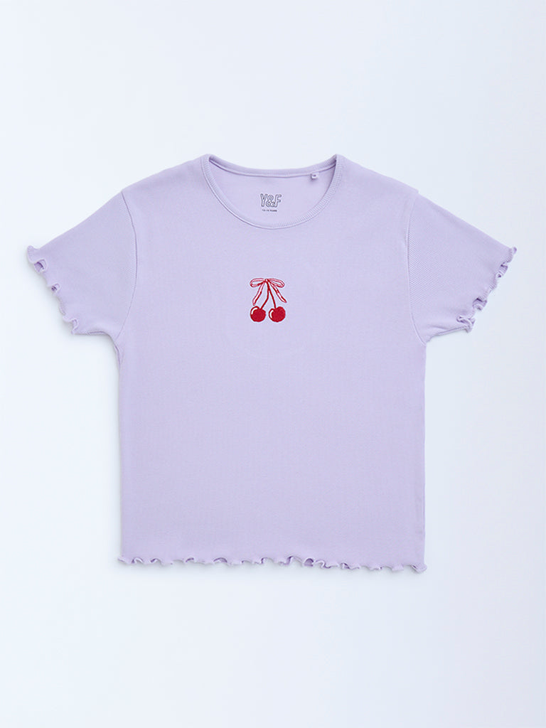 Y&F Kids Lilac Cherry Design Ribbed Cotton-Blend T-Shirt