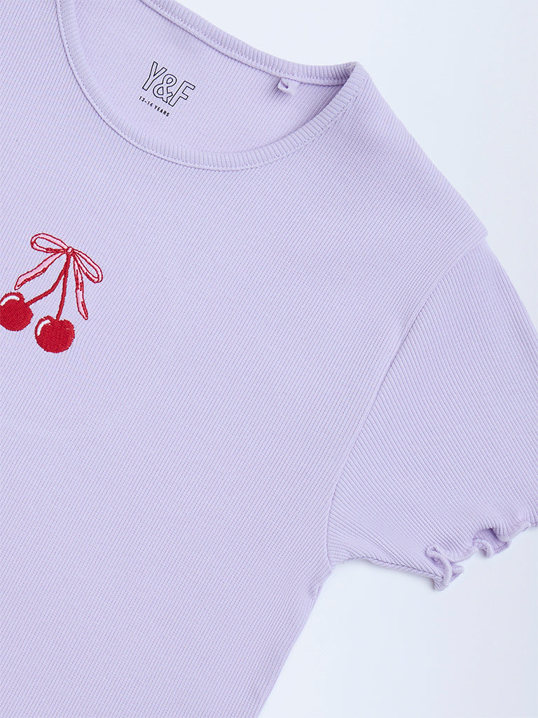 Y&F Kids Lilac Cherry Design Ribbed Cotton-Blend T-Shirt