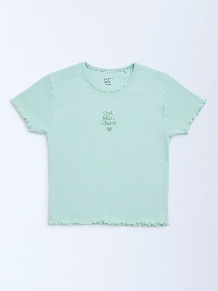 Y&F Kids Mint Text Design Ribbed Cotton-Blend T-Shirt
