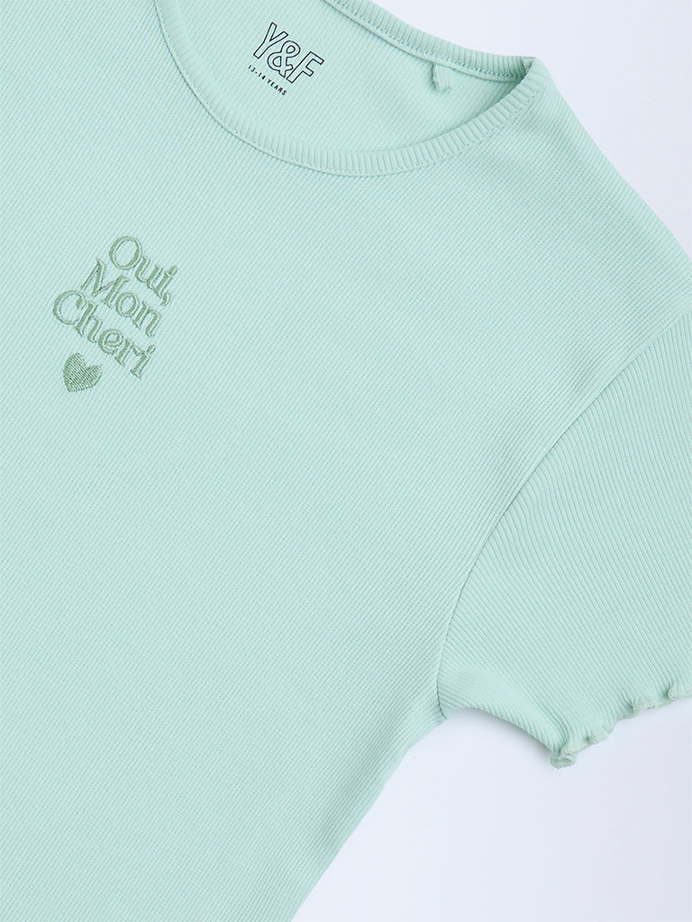Y&F Kids Mint Text Design Ribbed Cotton-Blend T-Shirt