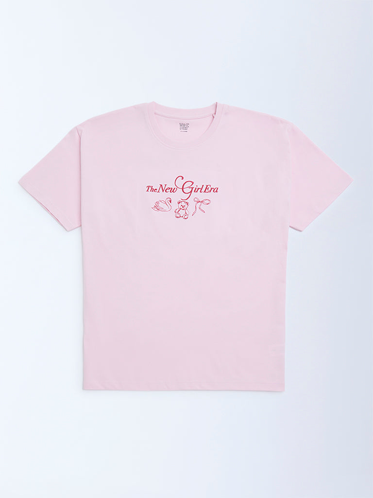 Y&F Kids Pink Text Design Cotton T-Shirt