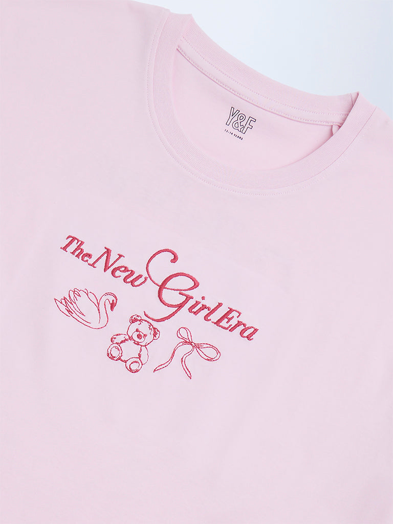 Y&F Kids Pink Text Design Cotton T-Shirt