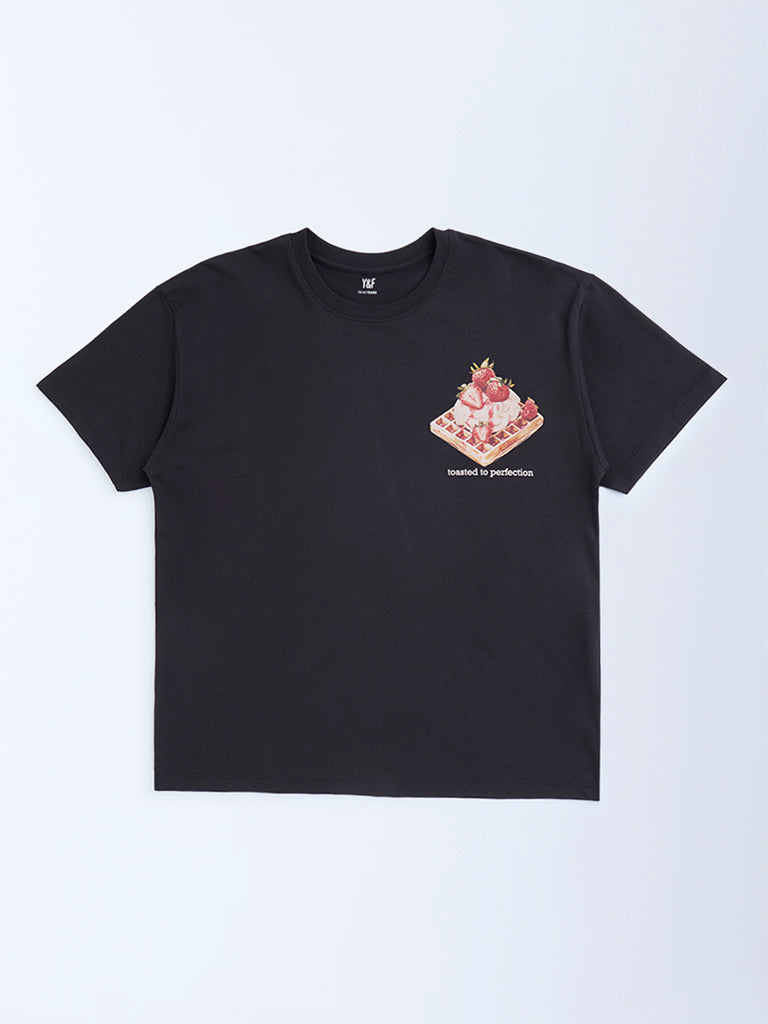 Y&F Kids Black Printed Cotton T-Shirt