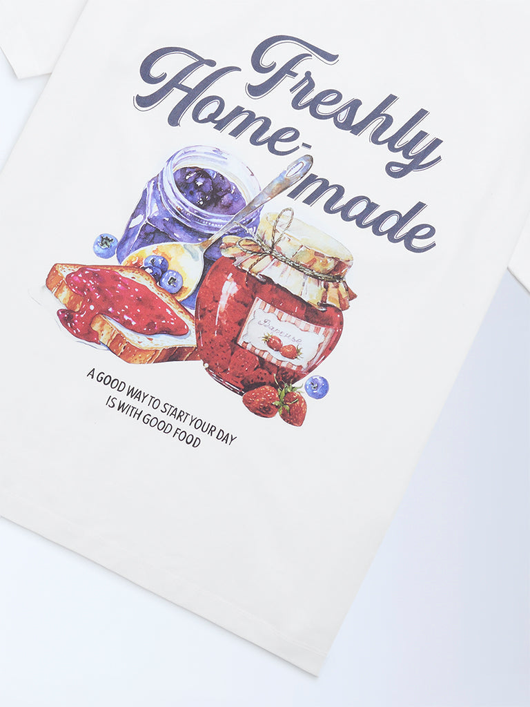 Y&F Kids White Printed Cotton T-Shirt