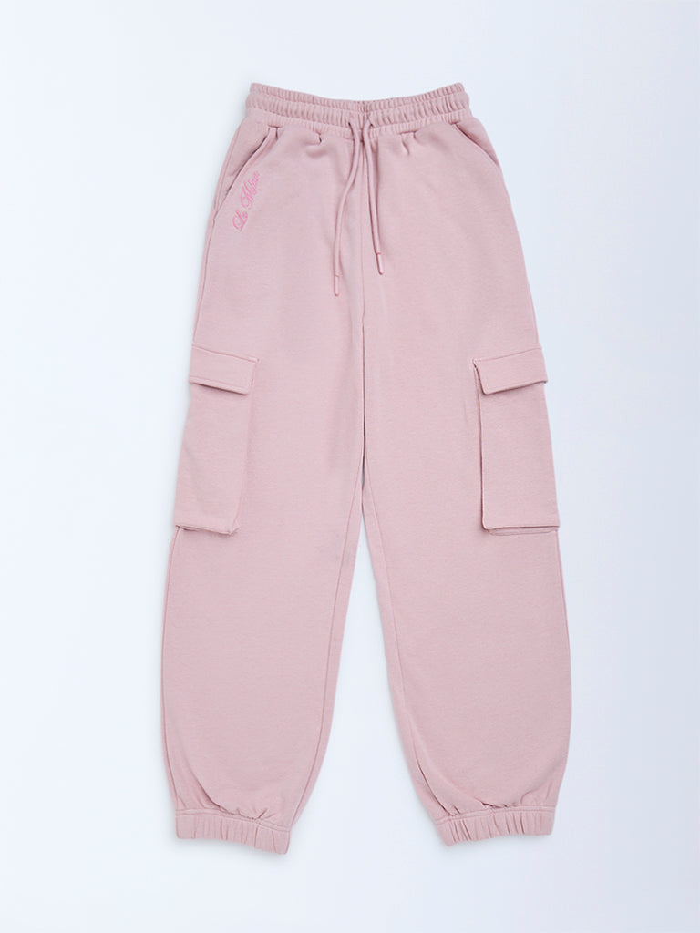 Y&F Kids Pink Solid Mid-Rise Cotton-Blend Joggers