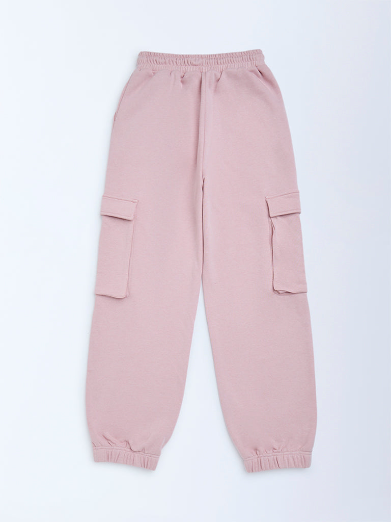 Y&F Kids Pink Solid Mid-Rise Cotton-Blend Joggers