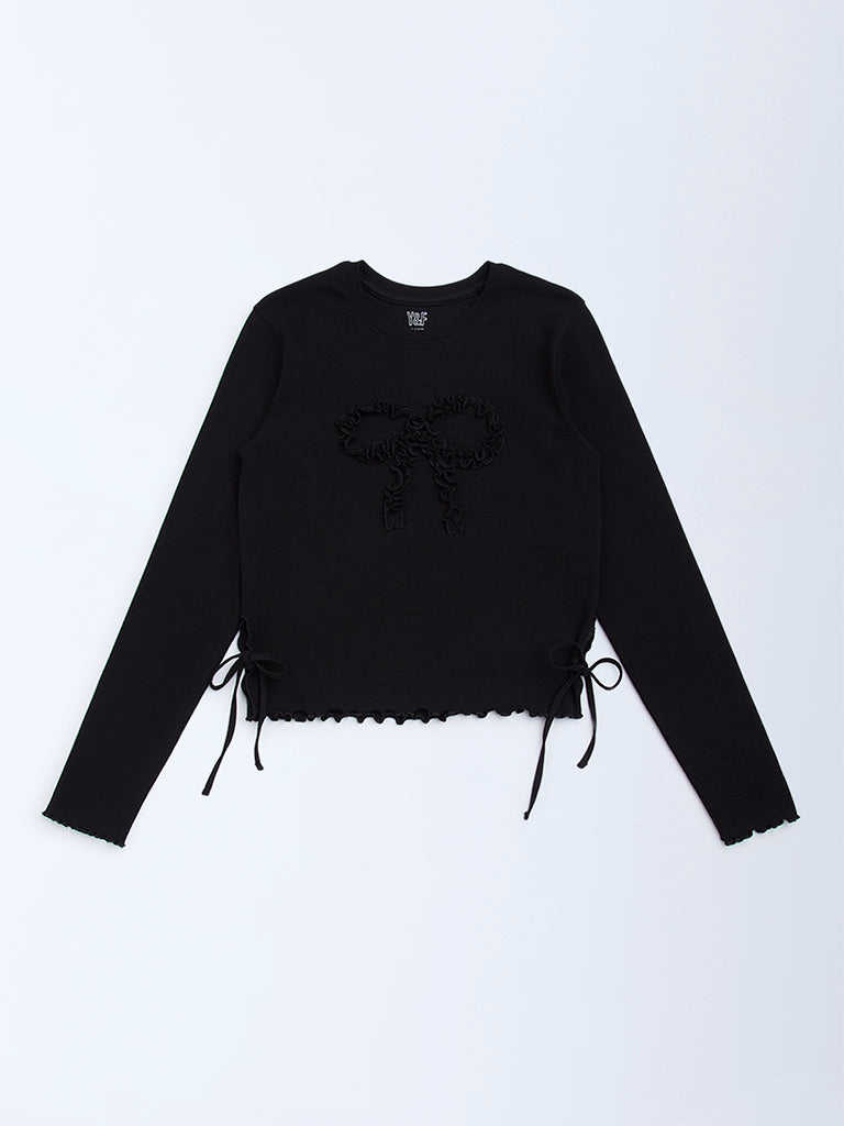 Y&F Kids Black Bow-Detailed Cotton-Blend Top