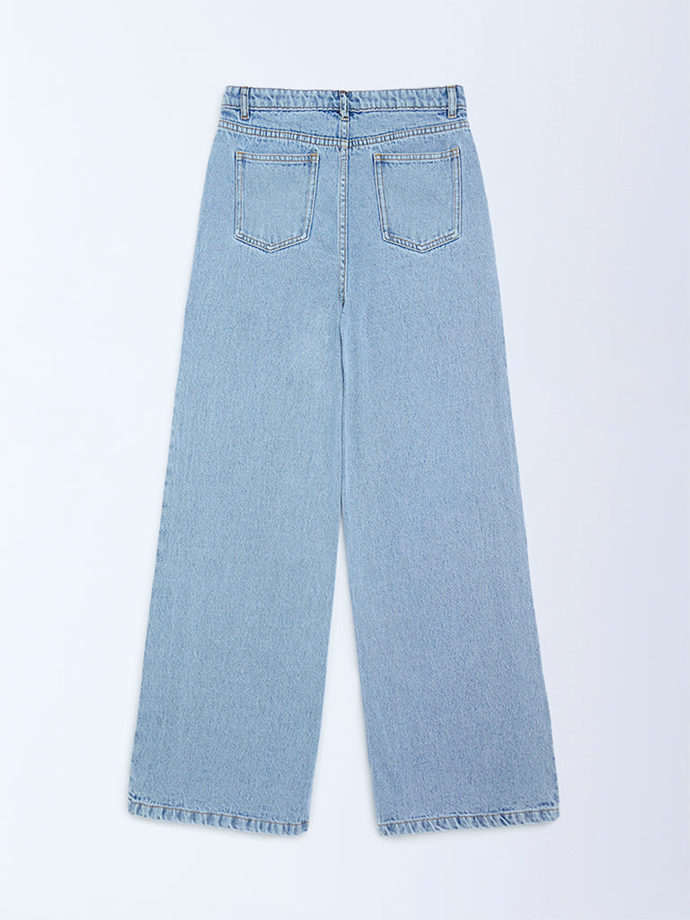 Y&F Kids Light Blue Embroidery Relaxed-Fit High-Rise Jeans