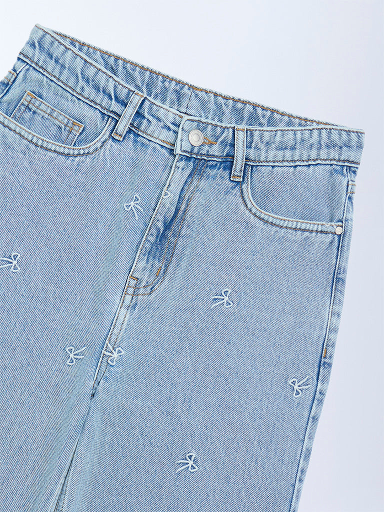 Y&F Kids Light Blue Embroidery Relaxed-Fit High-Rise Jeans