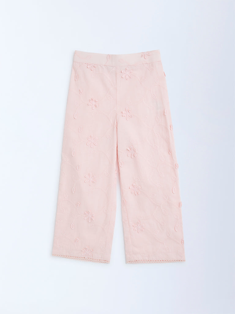 HOP Kids Pink Floral Embroidered High-Rise Cotton Pants