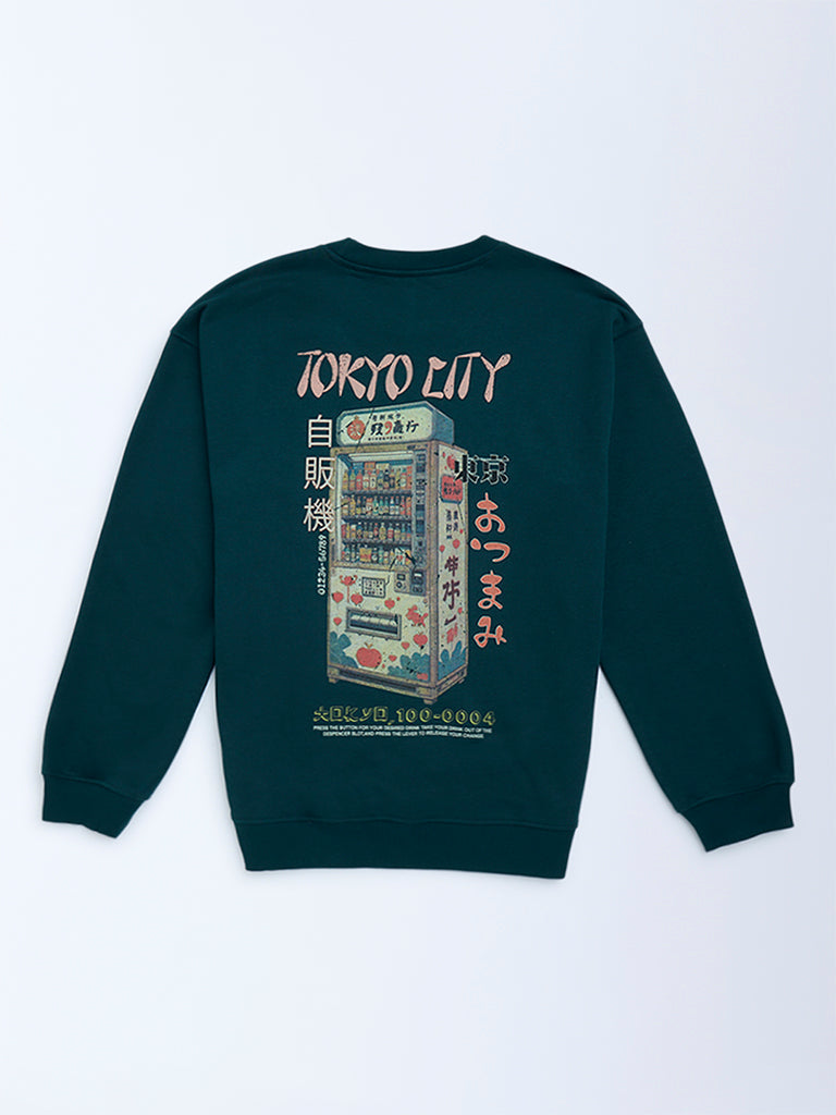 Y&F Kids Dark Green Printed Cotton-Blend Sweatshirt