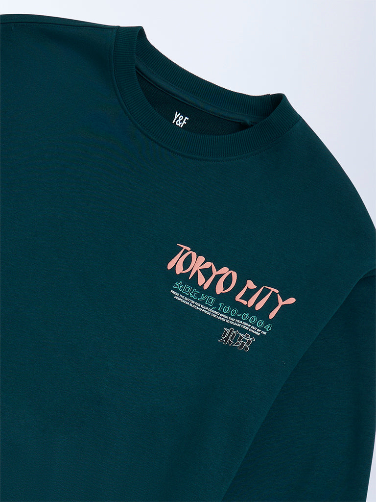 Y&F Kids Dark Green Printed Cotton-Blend Sweatshirt