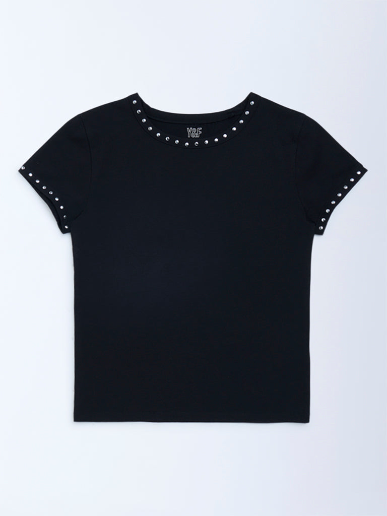 Y&F Kids Black Stud-Detailed Cotton-Blend T-Shirt