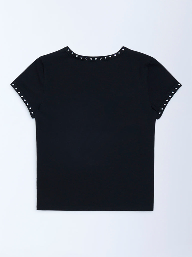 Y&F Kids Black Stud-Detailed Cotton-Blend T-Shirt