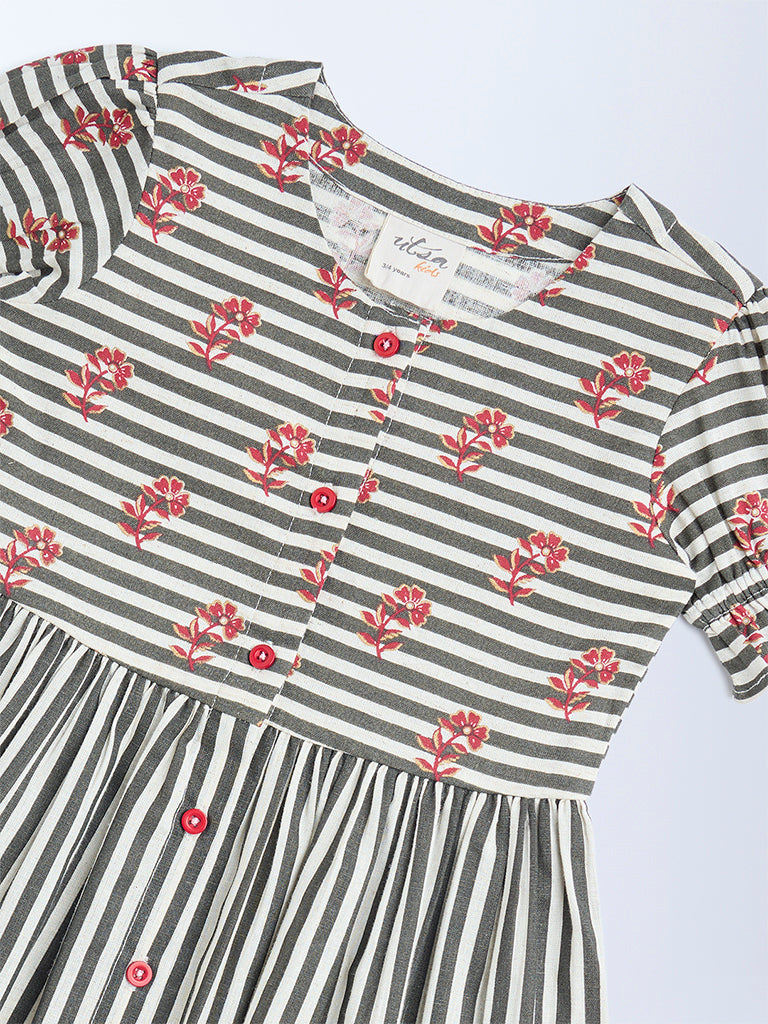 Utsa Kids Black Striped Cotton-Blend A-Line Dress - (2-8yrs)