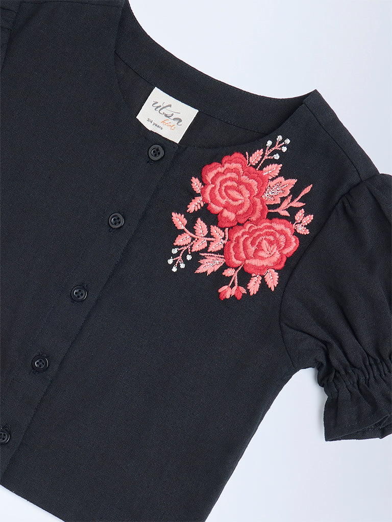 Utsa Kids Black Floral Embroidered Cotton-Blend Top - (2-8yrs)