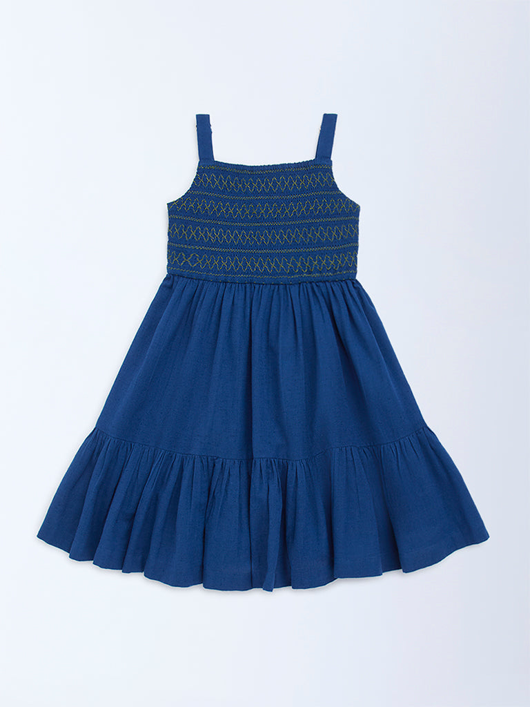 Utsa Kids Navy Embroidered Cotton-Blend A-Line Dress - (2-8yrs)