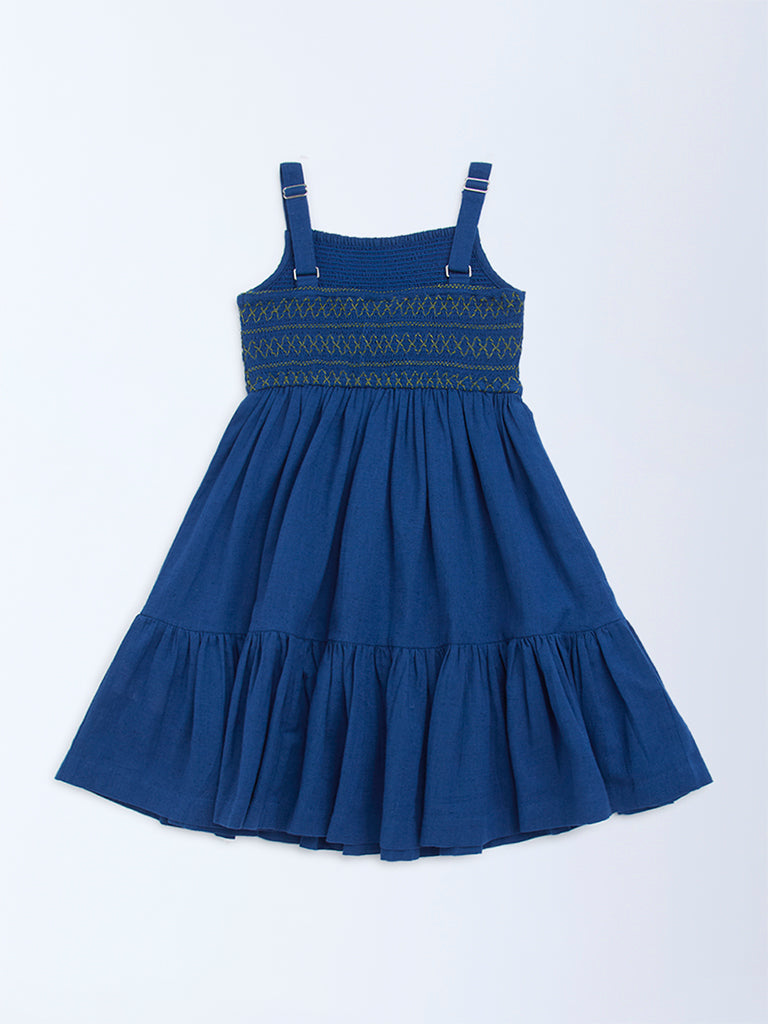 Utsa Kids Navy Embroidered Cotton-Blend A-Line Dress - (2-8yrs)