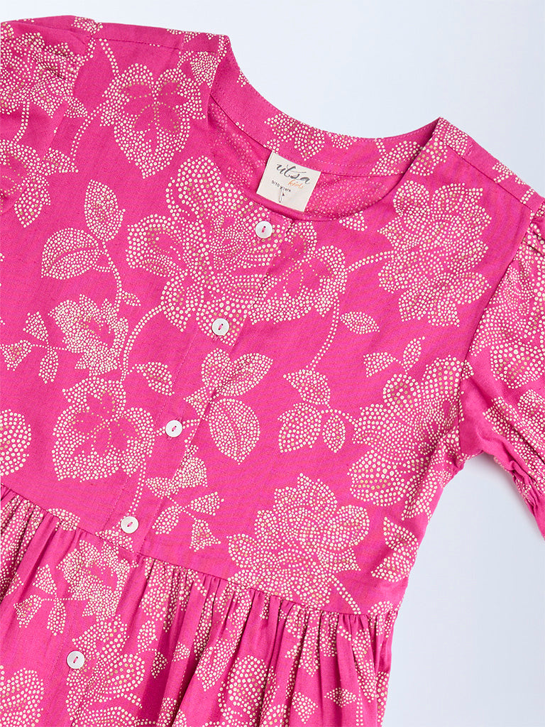 Utsa Kids Pink Bandhani Floral Cotton-Blend Tiered Dress - (8-14yrs)
