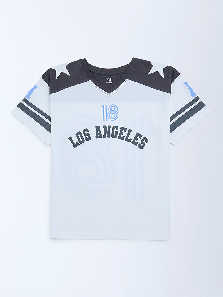 Y&F Kids White Colour-Blocked Cotton T-Shirt