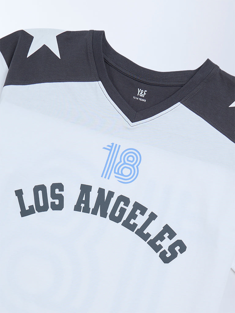 Y&F Kids White Colour-Blocked Cotton T-Shirt