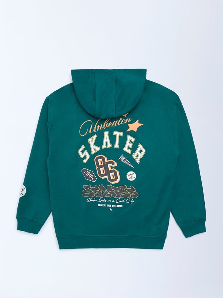 Y&F Kids Teal Text Printed Cotton Hoodie