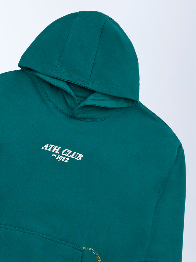 Y&F Kids Teal Text Printed Cotton Hoodie