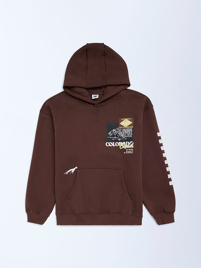 Y&F Kids Dark Brown Printed Cotton-Blend Hoodie