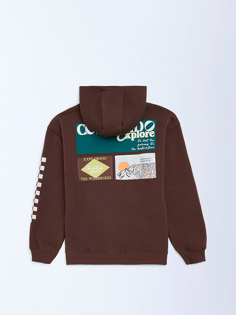 Y&F Kids Dark Brown Printed Cotton-Blend Hoodie
