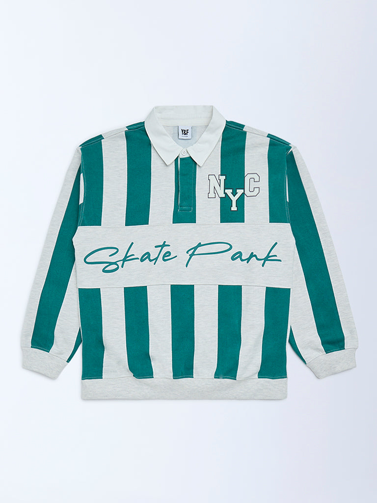 Y&F Kids Green Striped Cotton-Blend Sweatshirt