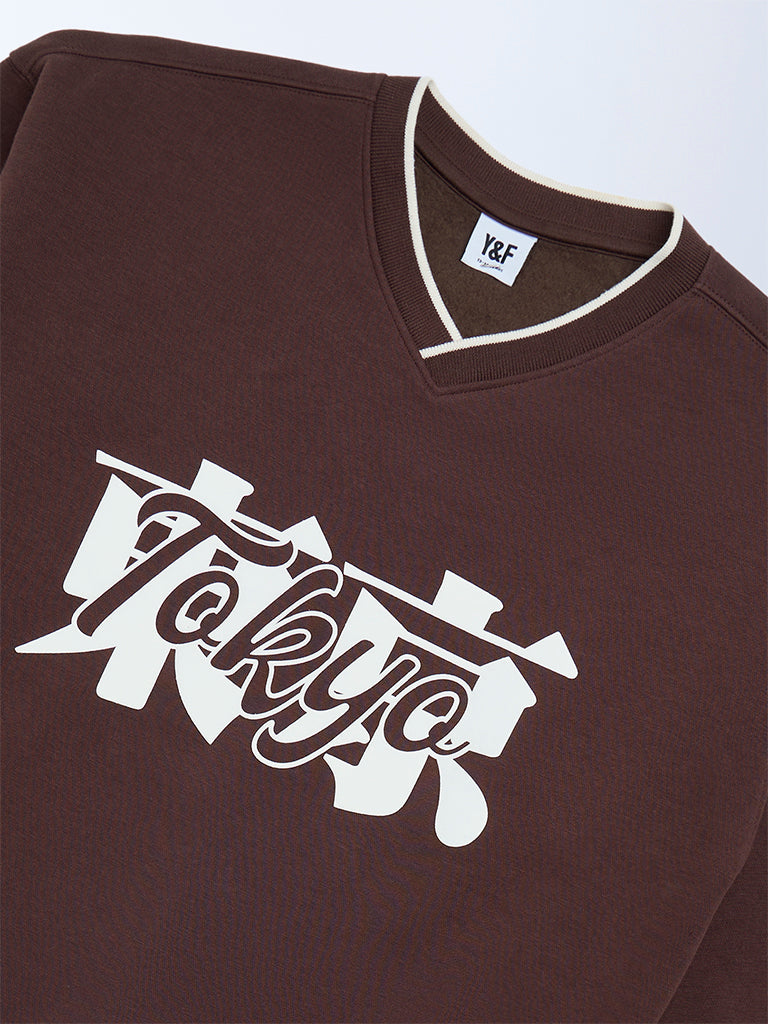 Y&F Kids Brown Typographic Cotton-Blend Sweatshirt