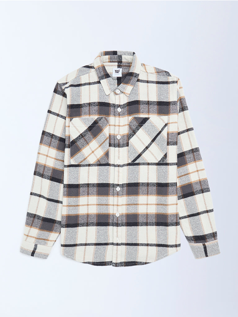 Y&F Kids Off-White Checks Design Cotton Shirt