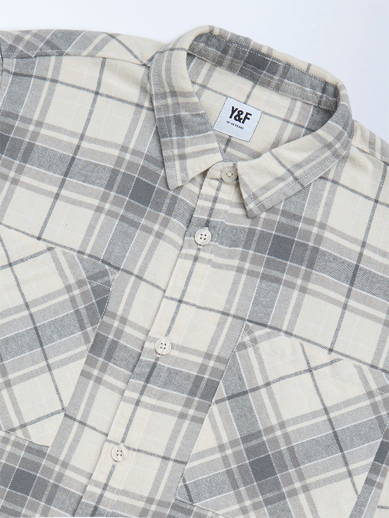 Y&F Kids Grey Checks Printed Cotton Shirt