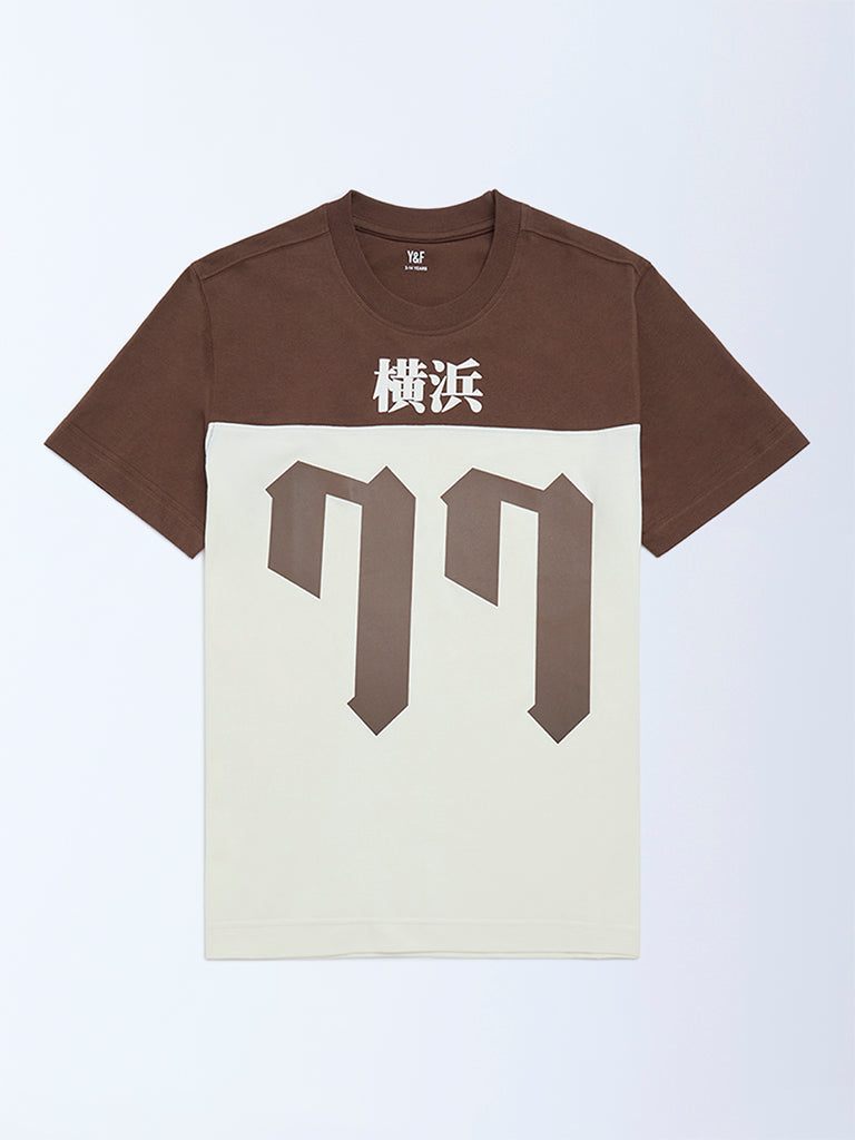 Y&F Kids Off-White Colour-Blocked Cotton T-Shirt