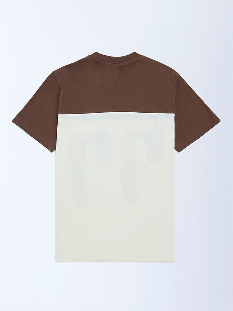 Y&F Kids Off-White Colour-Blocked Cotton T-Shirt