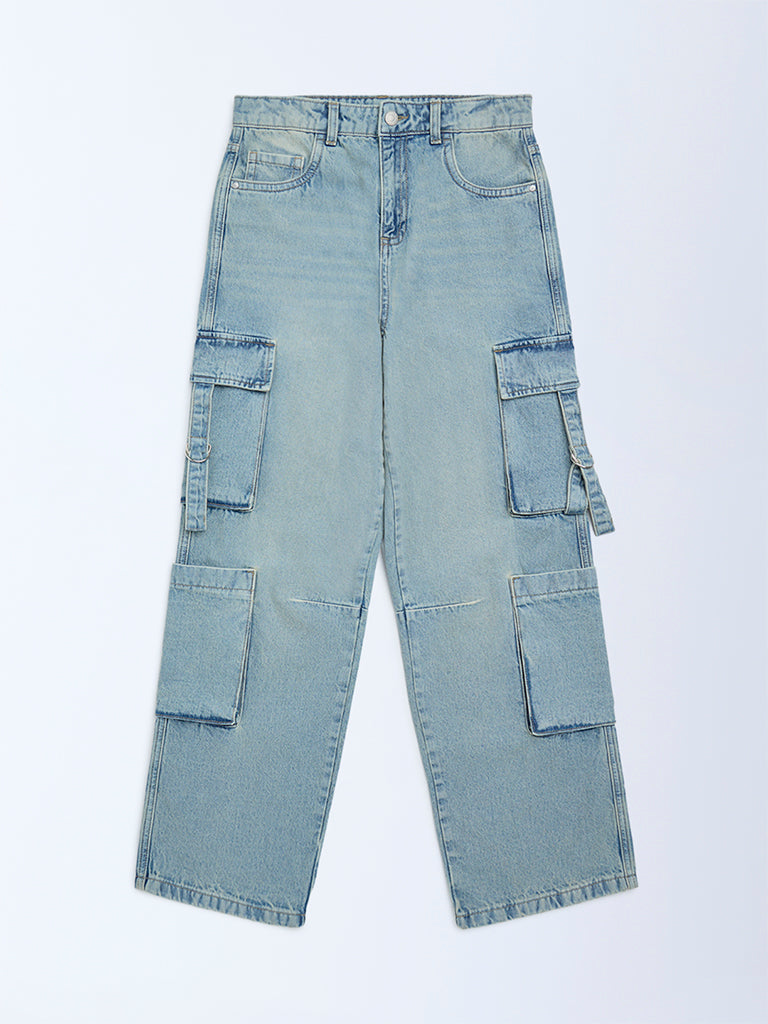 Y&F Kids Light Blue Faded Relaxed-Fit High-Rise Jeans