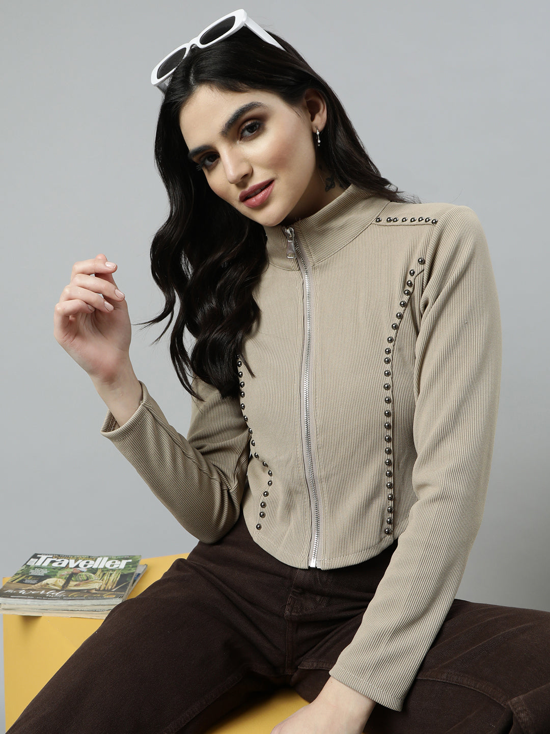 Women's Solid Beige Crop Top